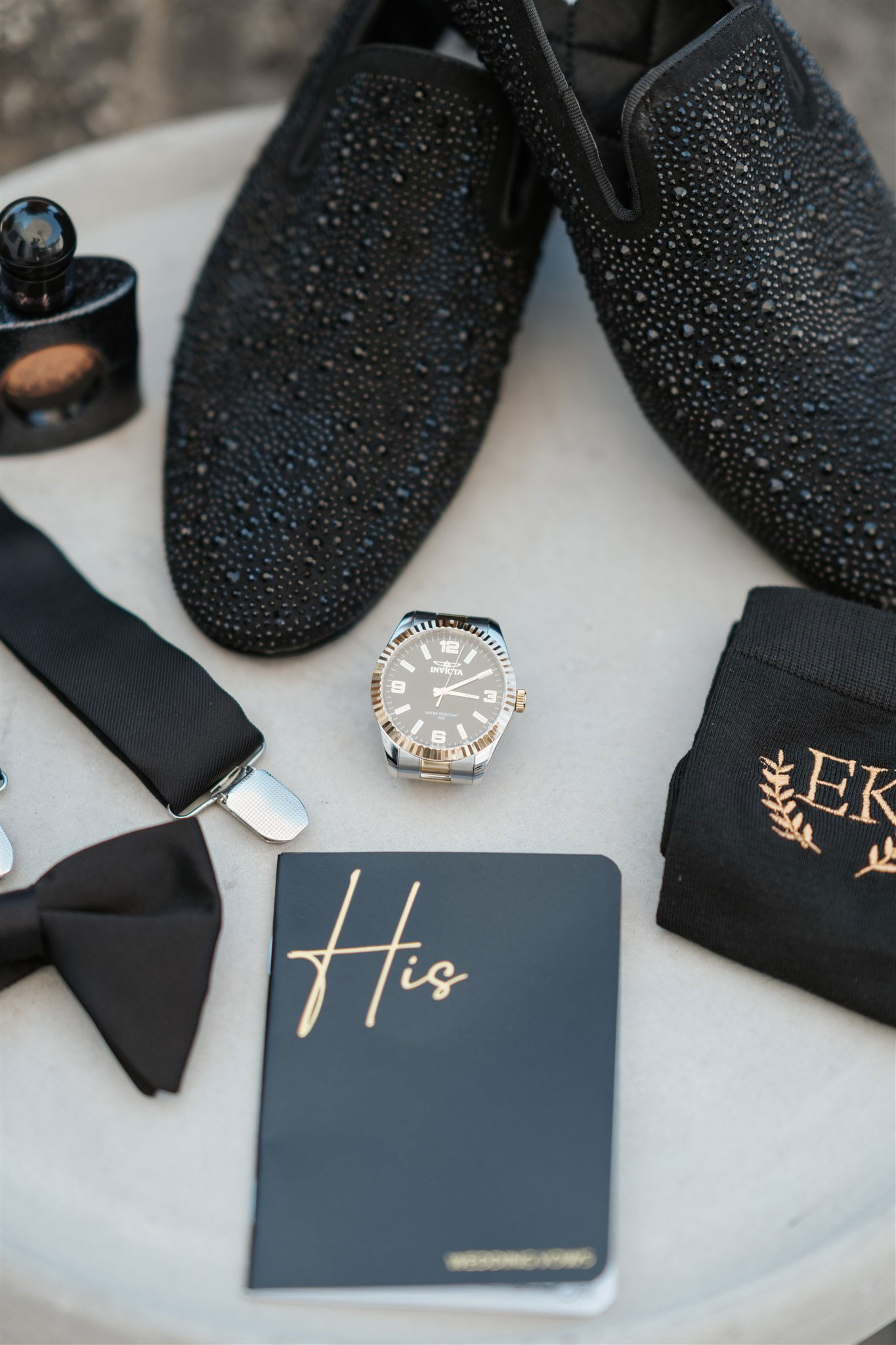 Santorini Wedding Groom Essentials - shoes, watch, shocks, vows, perfume, papillon - Marvellous Wedding